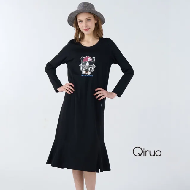 【Qiruo 奇若名品】厚彈性棉 大圓領狗狗刺繡 下擺荷葉黑色長袖洋裝1820F 