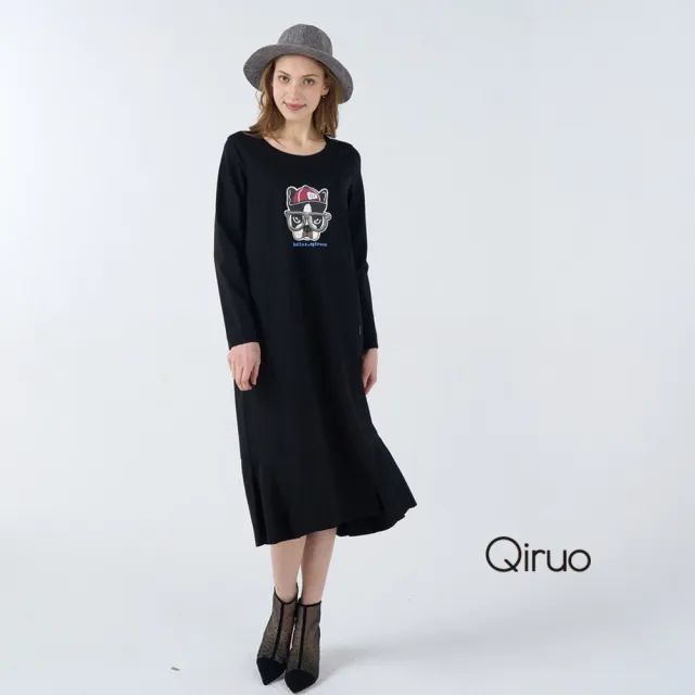 【Qiruo 奇若名品】厚彈性棉 大圓領狗狗刺繡 下擺荷葉黑色長袖洋裝1820F 