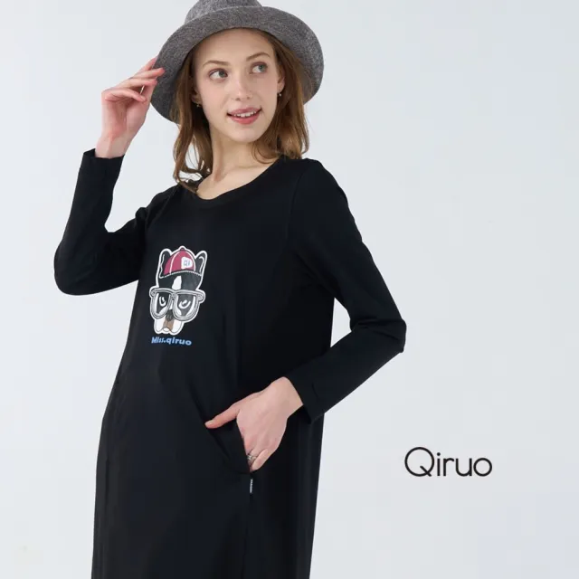 【Qiruo 奇若名品】厚彈性棉 大圓領狗狗刺繡 下擺荷葉黑色長袖洋裝1820F 