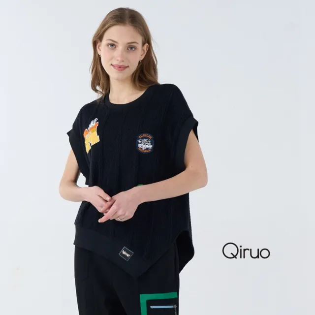 【Qiruo 奇若名品】棉絨保暖布料 圓領短包袖黑色 休閒背心6224D 