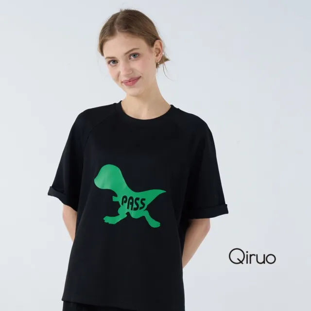 【Qiruo 奇若名品】厚棉 圓領 短袖恐龍黑色 休閒上衣 7081A 