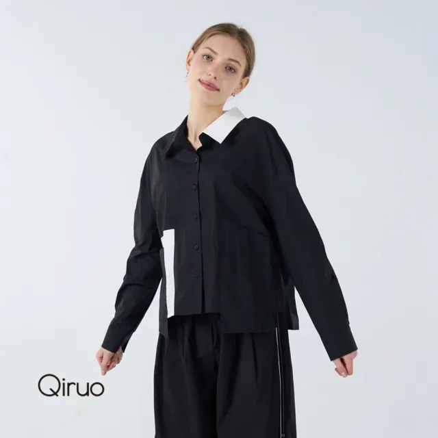 【Qiruo 奇若名品】棉質不規則排釦 黑白領長袖造型大口袋襯衫4005A 