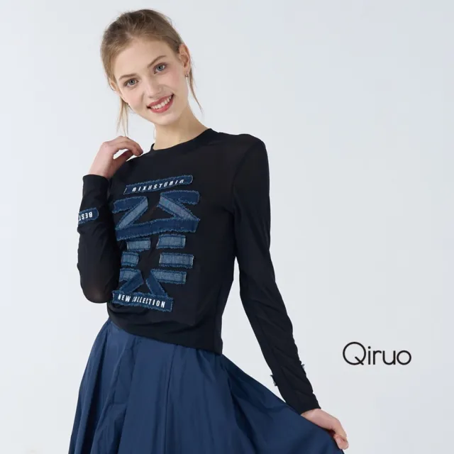 【Qiruo 奇若名品】棉質圓領 胸前牛仔布料造型 緊身長袖黑色造型T☆ 7105A