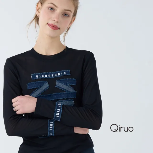 【Qiruo 奇若名品】棉質圓領 胸前牛仔布料造型 緊身長袖黑色造型T☆ 7105A