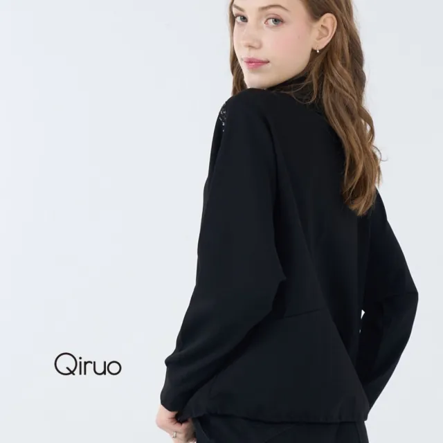【Qiruo 奇若名品】厚中棉質 拉鍊立領 亮片長袖黑色造型上衣 6041A