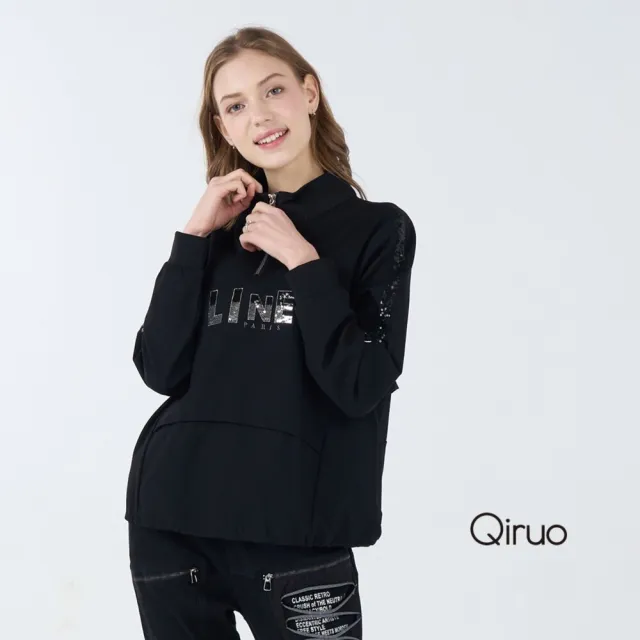 【Qiruo 奇若名品】厚中棉質 拉鍊立領 亮片長袖黑色造型上衣 6041A