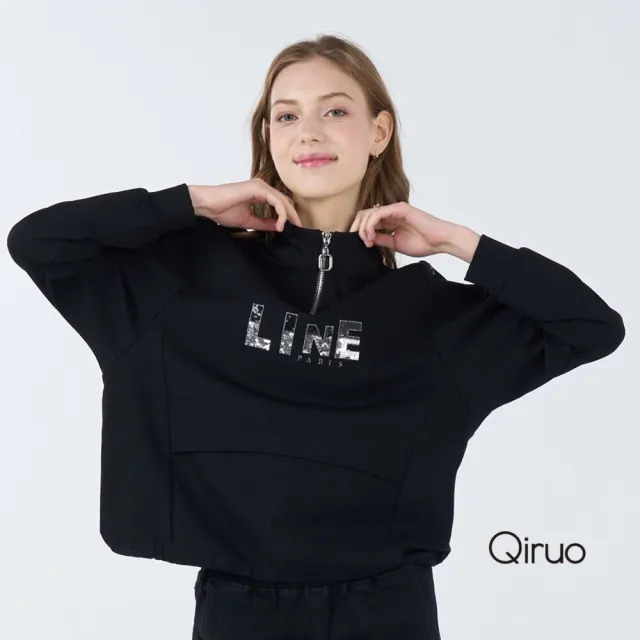【Qiruo 奇若名品】厚中棉質 拉鍊立領 亮片長袖黑色造型上衣 6041A