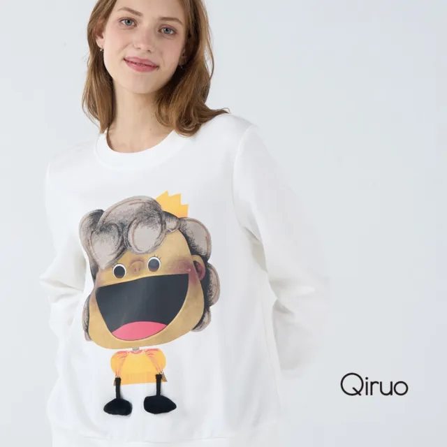 【Qiruo 奇若名品】棉質 大臉娃娃長袖白色休閒上衣 6219A 