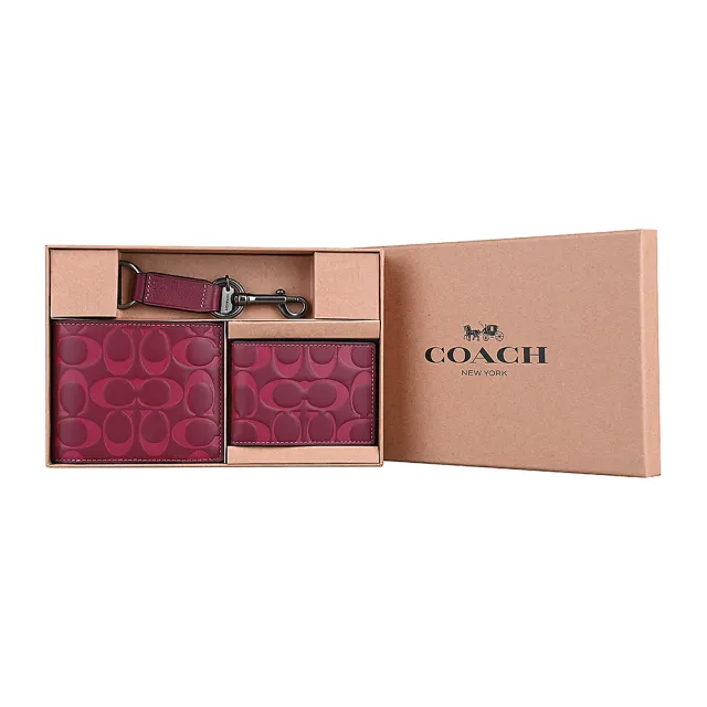 【COACH】COACH C字LOGO皮革8卡對開短夾名片夾鑰匙圈三合一禮盒組(酒紅)
