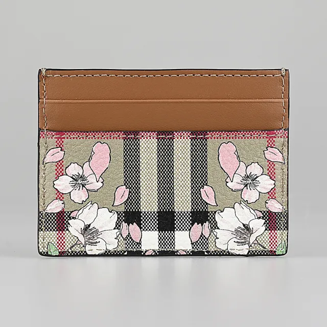 【BURBERRY 巴寶莉】BURBERRY Sandon 皮革內燙印LOGO小牛皮格紋設計搭櫻花4卡卡夾(典藏米x棕)