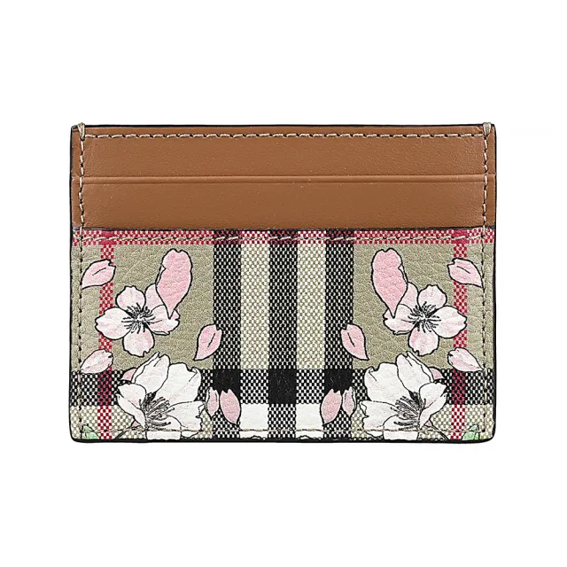 【BURBERRY 巴寶莉】BURBERRY Sandon 皮革內燙印LOGO小牛皮格紋設計搭櫻花4卡卡夾(典藏米x棕)