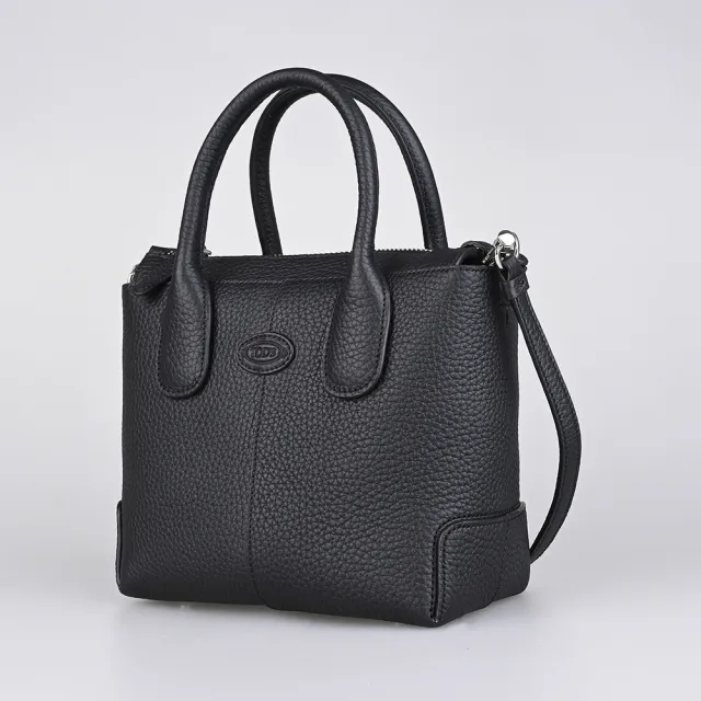 【TOD’S】TODS Di Bag 圓形皮標LOGO小牛皮內搭麂皮拉鍊斜背兩用托特包(迷你/黑)