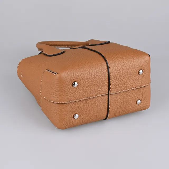 【TOD’S】TODS Di Bag 圓形皮標LOGO小牛皮內搭麂皮拉鍊斜背兩用托特包(迷你/棕)