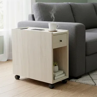 【ASSARI】奶油風木芯板插座活動沙發邊櫃
