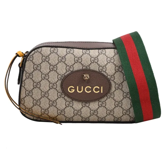 【GUCCI 古馳】GG Superme 經典虎頭雙G印花綠紅綠織帶斜背包(駝/棕)
