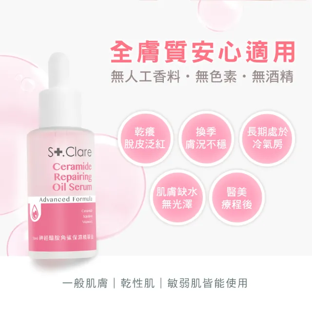 【St.Clare 聖克萊爾】神經醯胺角鯊保濕精華油30ml(輕盈版/修護/醫美療程後適用)