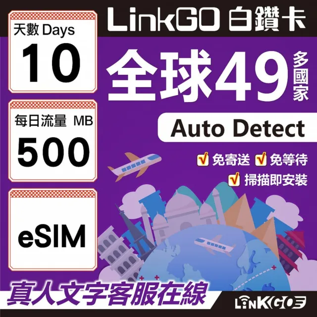 【LINKGO】白鑽卡 全球49國 eSIM卡 10天上網卡 每日500MB(全球網卡 亞洲 歐洲 美洲 大洋洲 非洲)