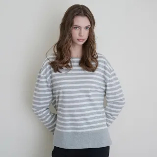 【GIORDANO 佐丹奴】女裝條紋船領長袖上衣(06 中花灰X皎白)