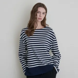 【GIORDANO 佐丹奴】女裝條紋船領長袖上衣(67 標誌海軍藍X皎白)