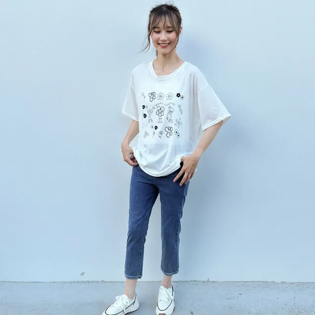 【Hana Mokuba】花木馬日系女裝圓領寬鬆花花印花長版上衣(T恤)