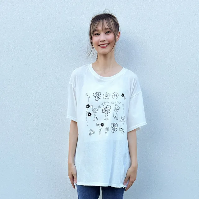 【Hana Mokuba】花木馬日系女裝圓領寬鬆花花印花長版上衣(T恤)