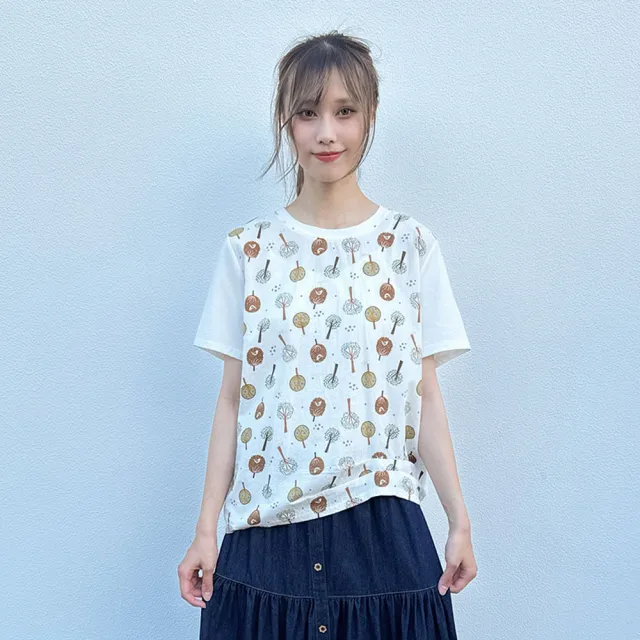 【Hana Mokuba】花木馬日系女裝圓領小樹滿版抓褶上衣(T恤)