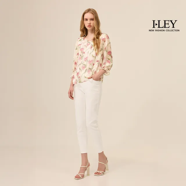 【ILEY 伊蕾】珠鑽透膚花卉燒花雪紡上衣(杏；M-XL；1253021442)
