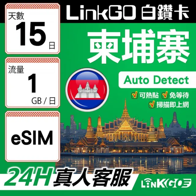 【LINKGO】白鑽卡 柬埔寨 eSIM卡 15天上網卡 每日1GB(柬埔寨網卡 金邊 吳哥窟 古蹟景區)