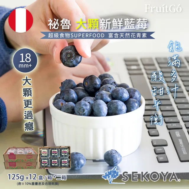 【FruitGo 馥果】祕魯 進口新鮮藍莓 18mm+巨無霸12盒*2箱(產地直送_水果禮盒送禮)