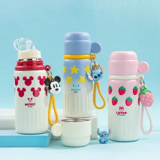 【Disney 迪士尼】316不繡鋼可愛卡通造型吊飾一蓋雙飲倒水三用保溫杯480ml-米奇/草莓熊/史迪奇
