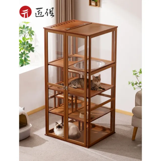 【匠俱】多功能貓別墅 加厚楠竹+亞克力板 附太空艙 66×60×138CM(貓籠子 貓屋 貓櫃 貓爬架 超大空間)
