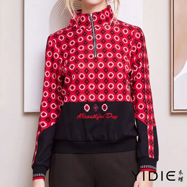 【YIDIE】立領拉鍊刺繡印花上衣-紅