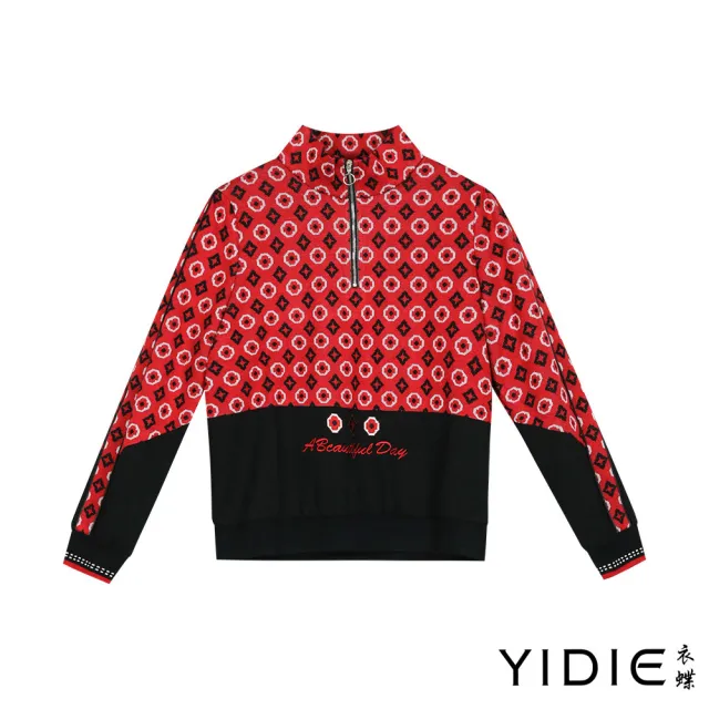【YIDIE】立領拉鍊刺繡印花上衣-紅