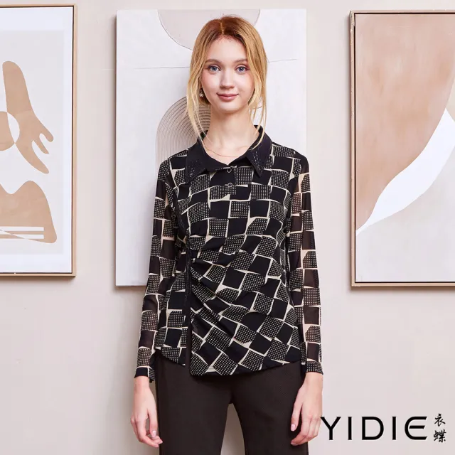 【YIDIE】翻領不對稱幾何圖上衣-黑