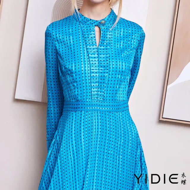 【YIDIE】法式公主幾何印花袖長洋裝-水藍