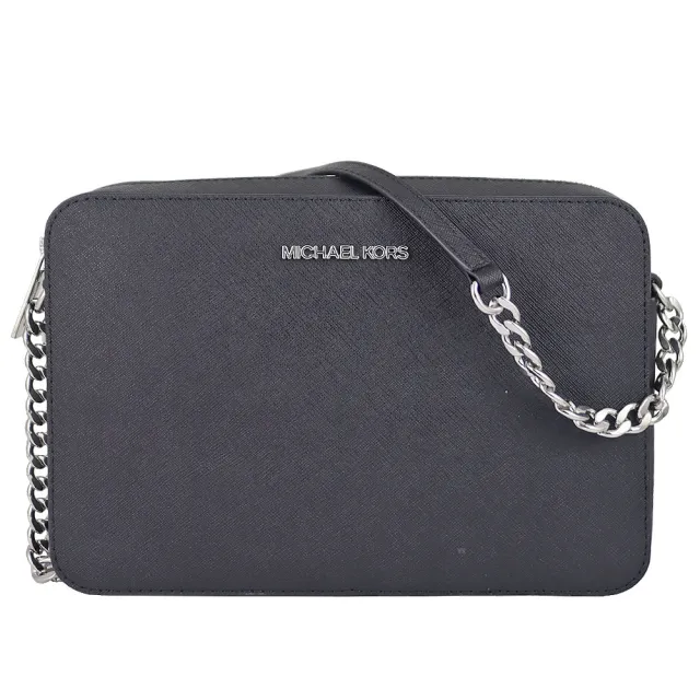 【Michael Kors】Jet Set 防刮皮革金屬鍊帶方形斜背包(黑色)