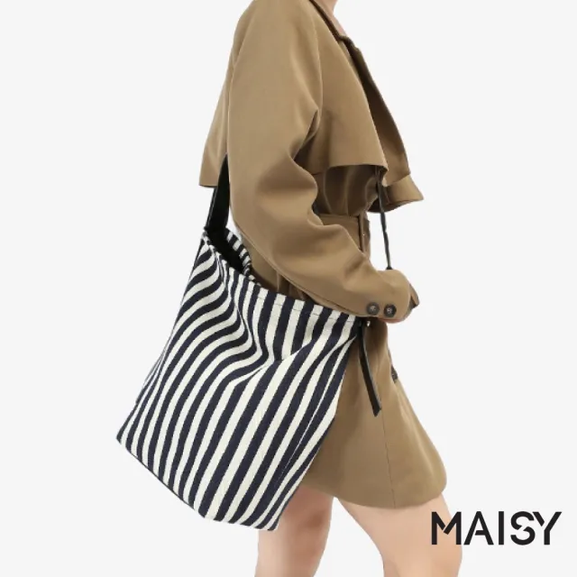 【MAISY】簡約時尚大容量帆布條紋托特子母包 單肩包 斜跨包(藍白條紋)