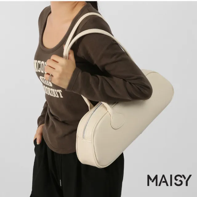 【MAISY】韓系復古簡約皮革單肩包 手提包 法棍包(米白/卡其/酒紅/黑)