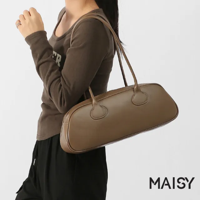 【MAISY】韓系復古簡約皮革單肩包 手提包 法棍包(米白/卡其/酒紅/黑)