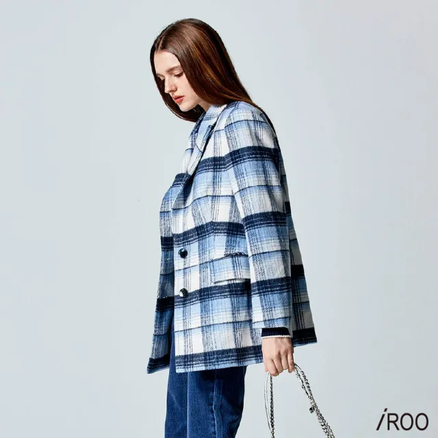 【iROO】深淺冰河藍格紋西裝外套
