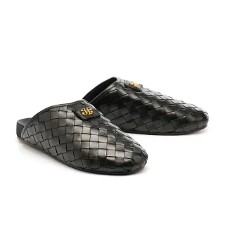 【HELENE_SPARK】慵懶鬆弛感LOGO編織全真皮休閒穆勒厚底拖鞋(黑)