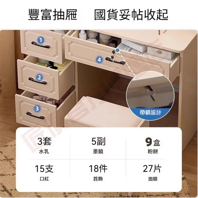 【匠俱】化妝桌椅組合 化妝台 梳妝台 收納化妝桌(方鏡LED款+花瓣椅 四抽屜80CM 帶桌上置物架 大容量)