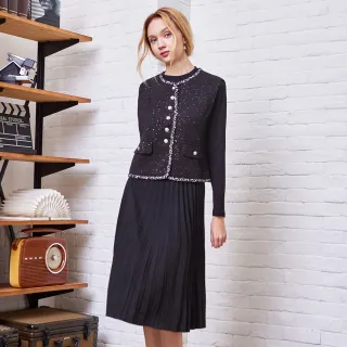 【MYVEGA 麥雪爾】MA羊毛小香風真兩件百摺長洋裝-黑(素色洋裝/連身洋裝/女洋裝/小香風)