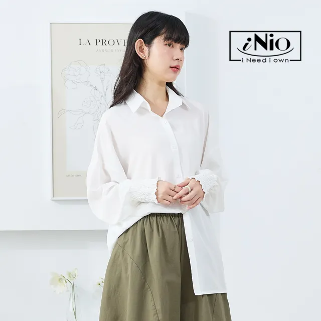 【iNio 衣著美學】寬鬆舒適長袖襯衫 抽皺袖口 防曬 冷房 長袖襯衫(CEW5009)