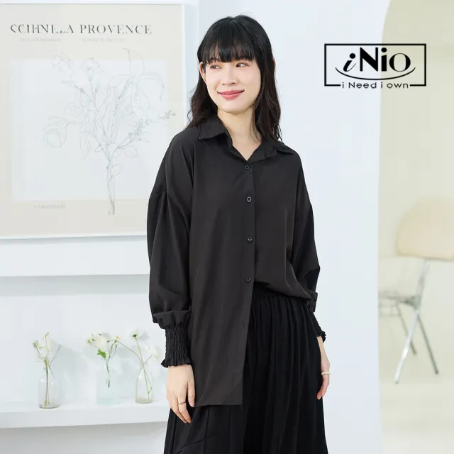 【iNio 衣著美學】寬鬆舒適長袖襯衫 抽皺袖口 防曬 冷房 長袖襯衫(CEW5009)