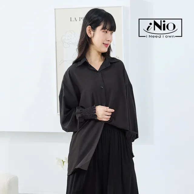 【iNio 衣著美學】寬鬆舒適長袖襯衫 抽皺袖口 防曬 冷房 長袖襯衫(CEW5009)