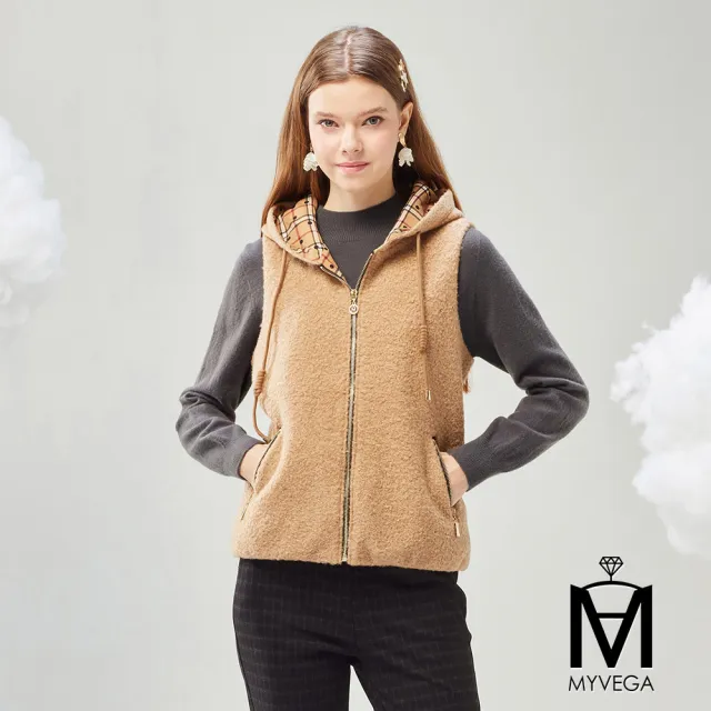 【MYVEGA 麥雪爾】MA保暖雲朵觸感羊毛圈圈呢連帽背心外套-駝色