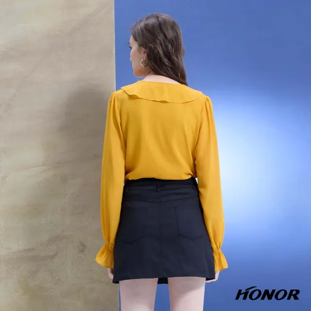 【HONOR 山形屋】出清品 優雅荷葉花邊玫瑰透膚袖雪紡上衣-黑/黃(限定出清)