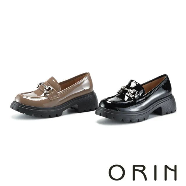 【ORIN】牛漆皮水鑽釦飾厚底樂福鞋(咖啡)