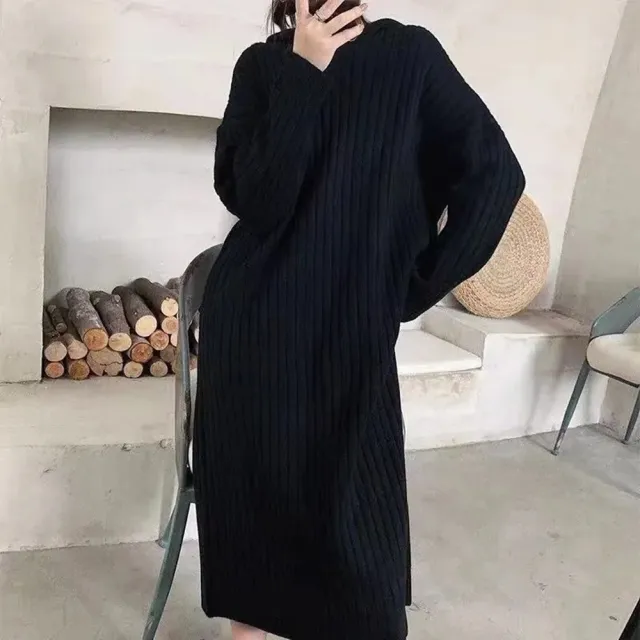 【D.studio】韓版寬鬆長版針織上衣(洋裝連身裙連衣裙上衣套裝長袖上衣 冬天女裝長裙裙子連帽上衣S162)